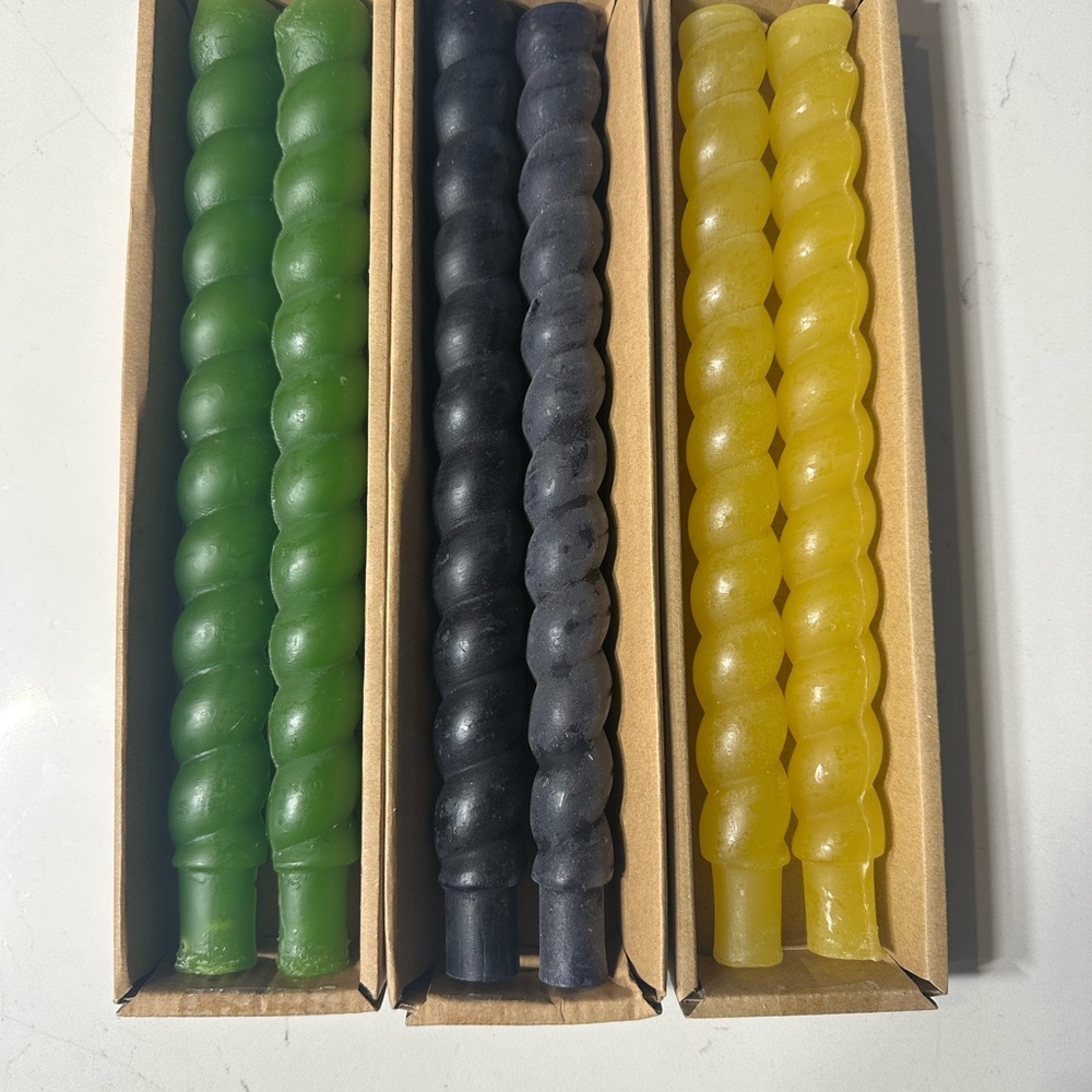 Set of Three (3) Spiral Candle Sticks in Green, Black, and Yellow